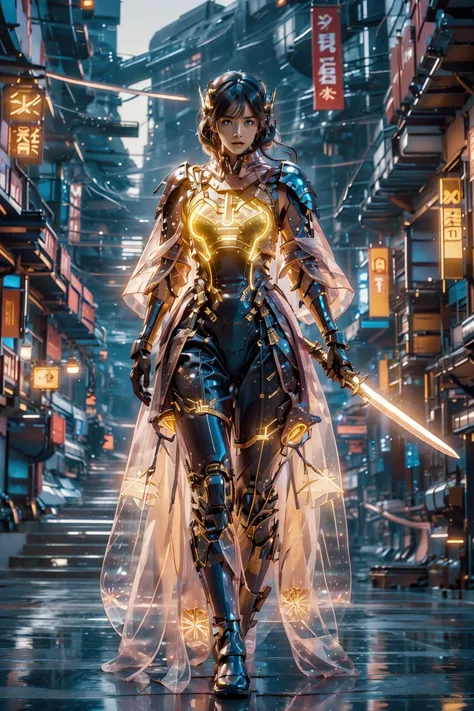 a woman in armor with a sword in a city