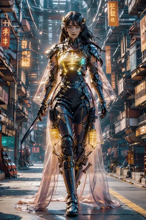 girl,<lora:bioluminescent_dress-1.0:1>,Luminous Mecha,in a flowing thick cloth cloak,wielding an blade,