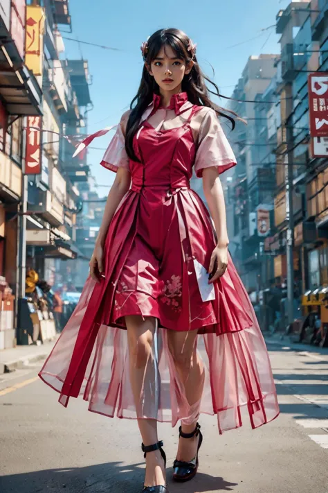 a woman in a red dress is walking down the street