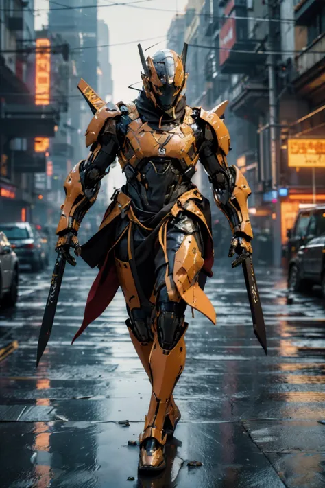 a man in armor walking down a street in the rain