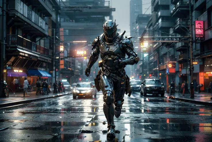 arafed robot walking down a wet city street in the rain