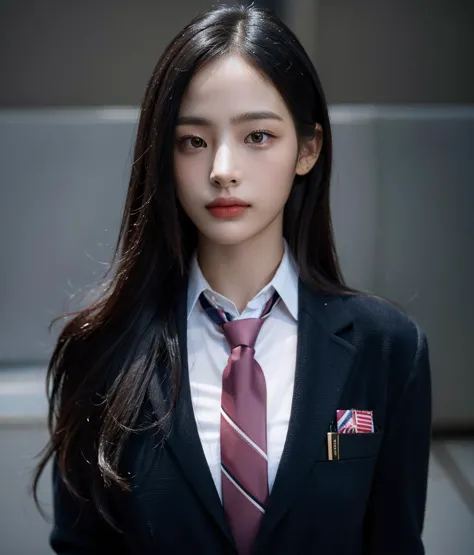 <lora:makina69_minji_v2.1:1>, 1girl, solo, realistic, long hair, thin waist, detailed face, (short waist:0.8),
stud, school uniform, striped necktie, striped necktie, blazer,
looking at viewer, centered, kodak portra 400, 35mm photograph, <lyco:AdvancedEnhancer:0.8>, (high quality:1.4), (photorealistic:1.6), 8k, uhd, highres, absurdres, professional photo, highly detailed, detailed skin, masterpiece, (hyperrealism)