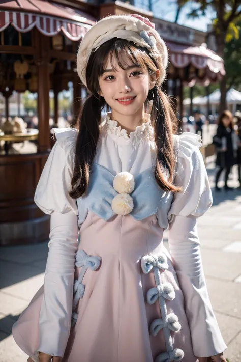 best quality, masterpiece, realistic, photorealistic, 1girl, solo, looking at viewer, smile, low twintails, bangs, standing, cowboy shot, cyb dress, pink dress, dress, pom pom, bow, long sleeves, puffy sleeves, hat, amusement park, people, detailed background, <lora:cute_attire_style2_v1:0.75>