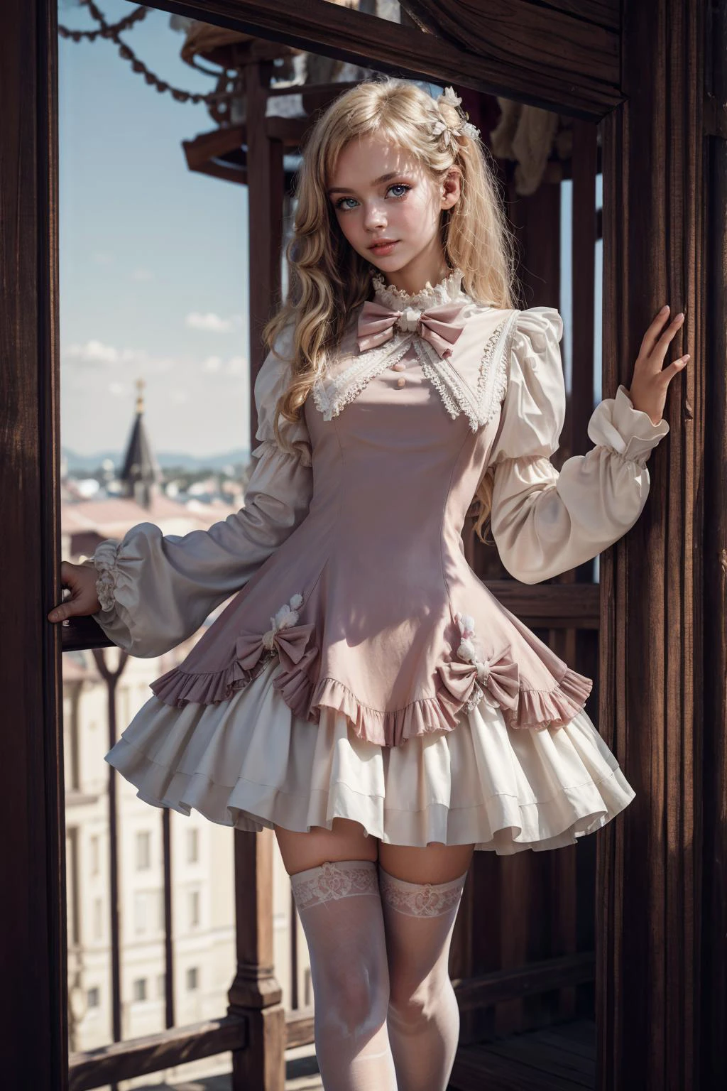 kkw-ph1, glamour photography photo of  Russian model, s1enna with long blonde hair, looking at viewer, wearing cyb dress, violet dress, puffy long sleeves, bow, white thigh-highs, mary janes, posing in a carnival, (full body framing:1.2)
 (masterpiece, photorealistic:1.2), high quality, intricate details, detailed background, 8k