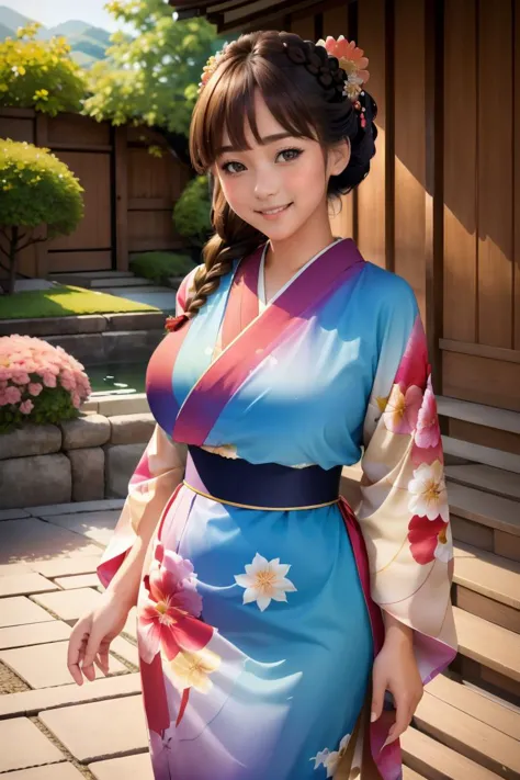 (masterpiece, best quality), 1girl, solo, looking at viewer, (realistic, photorealistc),
<lora:PerfectDeliberatev3_Onsen_Lady:1>, brown eyes, bangs, large breasts, 
smile, closed mouth, blush,
Dutch Fishtail Braids,
kimono, japanese clothing, sash, colorful clothing, floral print, frills, <lora:colorful_dress:0.5>, colorful_dress,