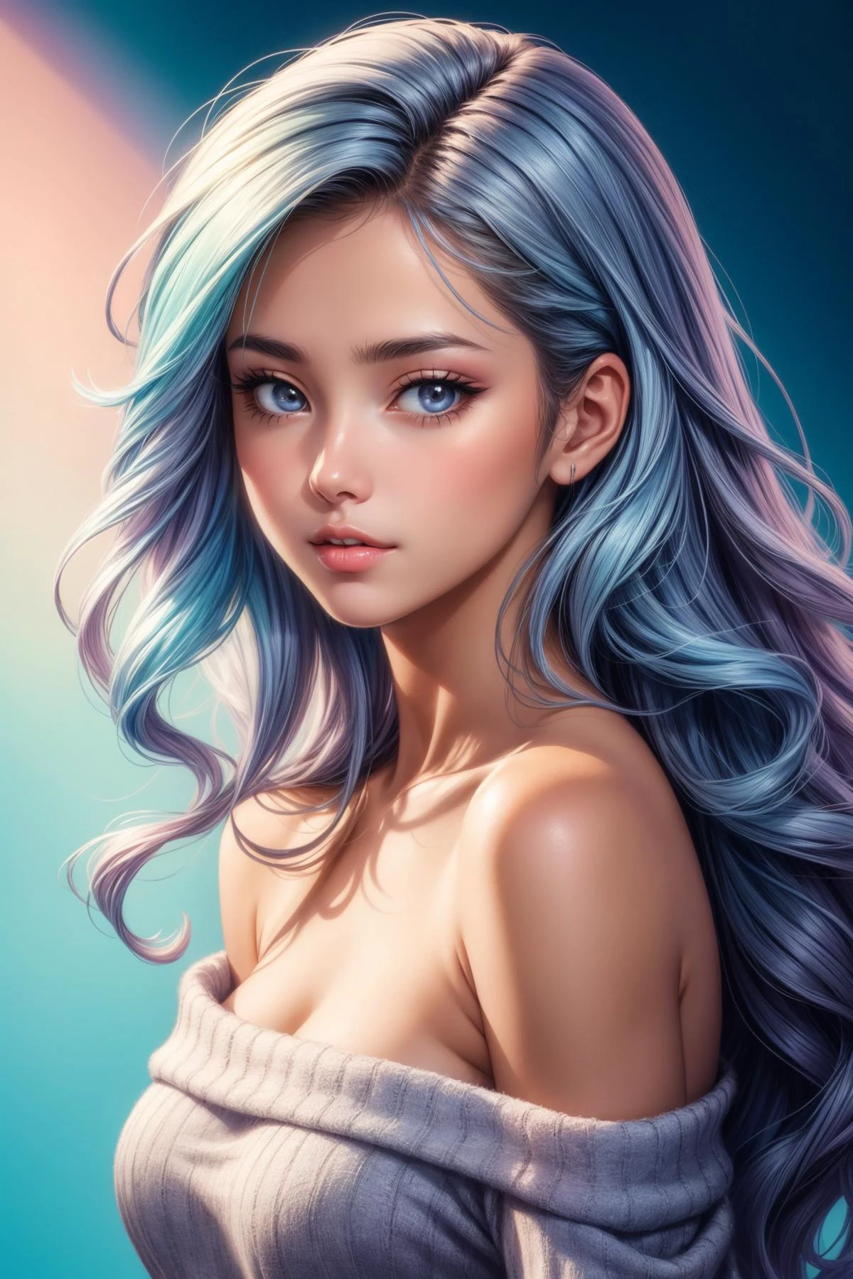 illustrator, anime , realistic , sketch , 1girl , lip , strapless off-shoulder Sweater , order , Blue gradient background , (vibrant hues of pastel-colored bright light hair), Textured crop , long wavy hair, Canadian , (masterpiece,best quality) , glamour shot, ground-shot angle, eye-level shot, low-angle shot, active pose, dynamic angle, flirting, stunningly beautiful, amazing body, perfect body, perfect face, medium breasts, smooth skin, silk skin, sensual, vibrant hues,  turn around, backview,  