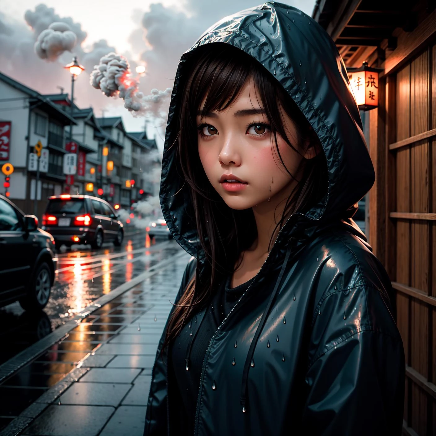 masterpiece, best quality, 1girl, japanese, brown hair, parted bangs, medium hair, brown eyes, parted lips,  hooded jacket, unbuttoned, rain, wet, cold, blowing smoke, 
blue hour, twilight, ISO12000 ,  