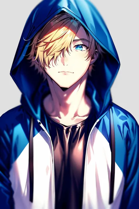 anime boy with blue eyes and a hoodie