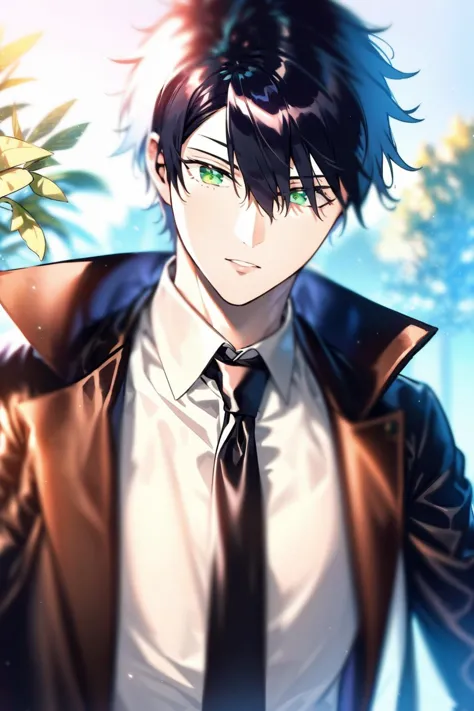 anime guy with black hair and green eyes in a white shirt and tie