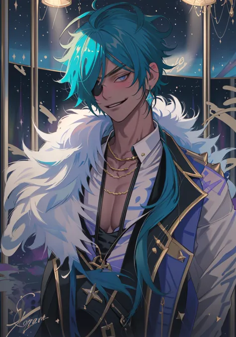 (masterpiece), best quality, kaeya (genshin impact), 1boy, male focus, (eyepatch), dark-skinned male, gloves, solo, jewelry, blue hair, earrings, (long hair), blue eyes, (soft coloring:1.1), bangs, black gloves, seductive smile, <lora:kaiya:0.9>, waist-high, bar background, tavern, (dimmed light:1.2), night, inviting view, sexy,  <lora:fstyle04:1.0>