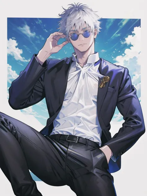 anime guy in a suit and sunglasses sitting on the ground