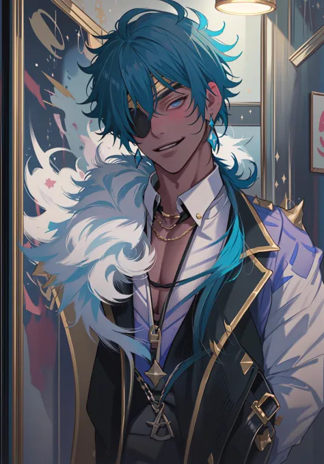 (masterpiece), best quality, kaeya (genshin impact), 1boy, male focus, (eyepatch), dark-skinned male, gloves, solo, jewelry, blue hair, earrings, (long hair), blue eyes, (soft coloring:1.1), bangs, black gloves, seductive smile, <lora:kaiya:0.9>, waist-high, bar background, tavern, (dimmed light:1.2), night, inviting view, sexy, <lora:fstyle04:1.0>