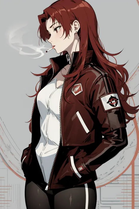 a woman in a leather jacket smoking a cigarette