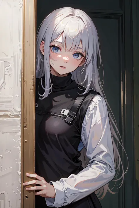 anime girl with long white hair and blue eyes standing in doorway