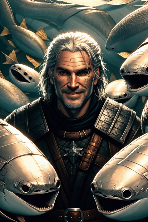 a close up of a man with a sword surrounded by sharks