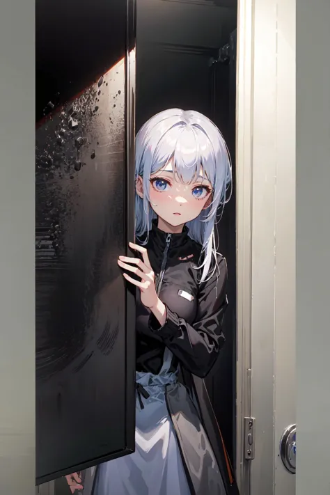 anime girl in a black dress peeking out of a door