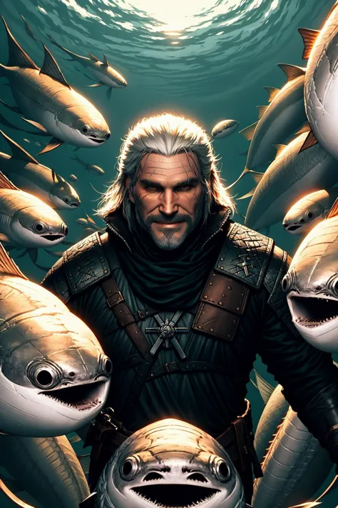 a man with a beard and a beardless face standing in front of a bunch of sharks