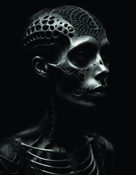 黒人女性の横顔,複雑な黒いレースの骨格で作られた,オランダの巨匠とグレゴリー・クルーソンのスタイルで,暗くて陰鬱なイヴァン・アイヴァゾフスキー,白黒デジタル,マット,4K解像度,シャープなフォーカス,zkeleton DonMn1ghtm4reXL Gregory Crewdson スタイルページ by diegocr