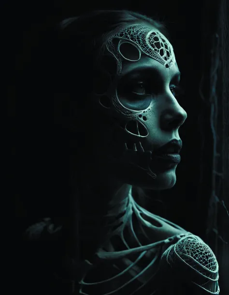 a woman with a skeleton face and a skeleton body in the dark