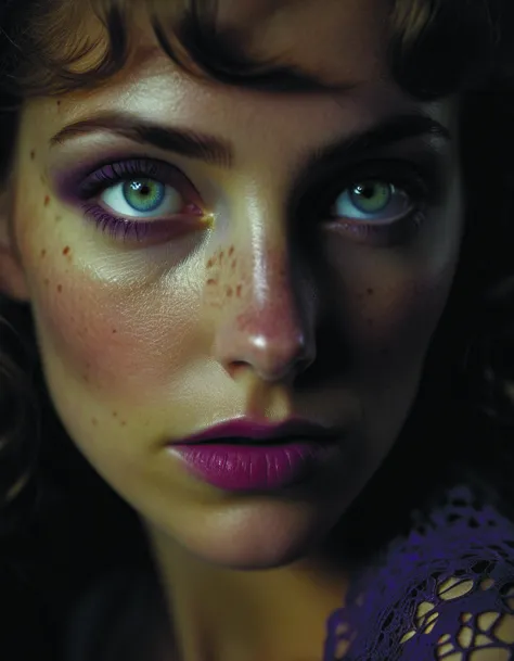 a close up of a woman with freckles and a purple dress