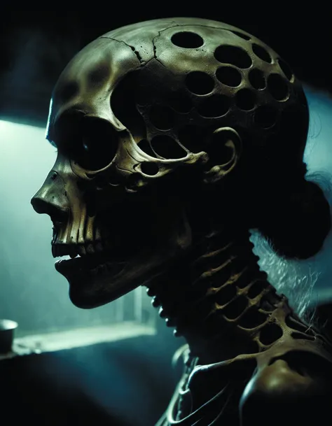 a close up of a skeleton with a skull head and a skeleton face