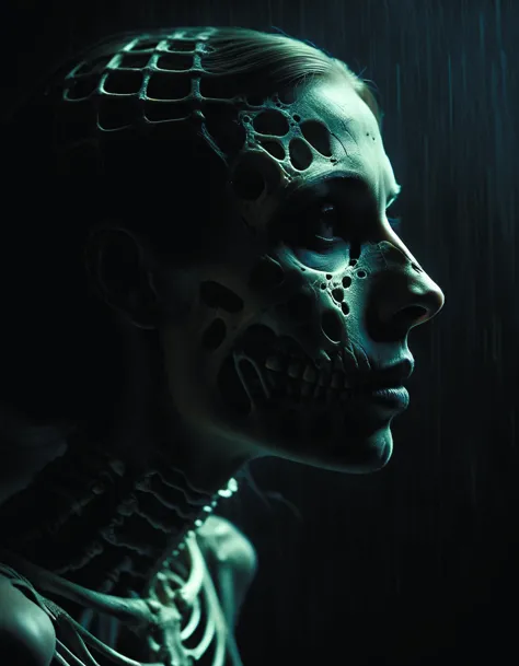 a close up of a person with a skeleton face and a skeleton head