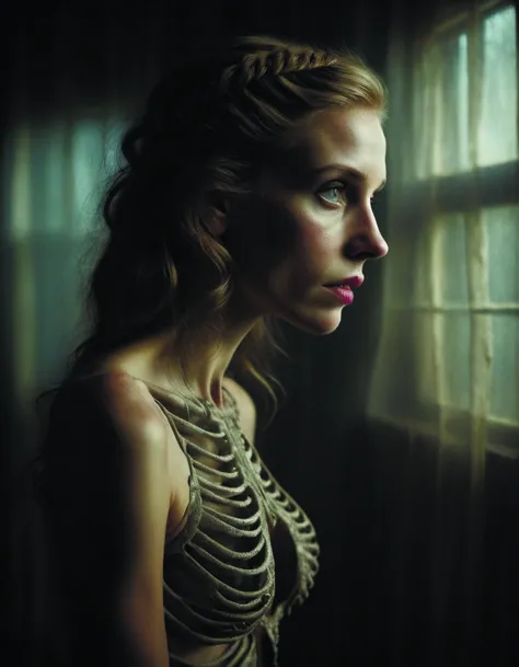 a woman with a skeleton dress looking out a window