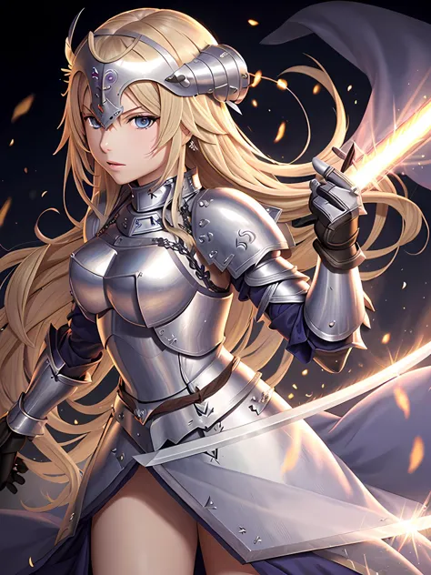 masterpiece, best quality, 1girl, solo, long hair, blonde hair, jeanne d'arc (fate), armor, blue eyes, weapon, sword, armored dr...