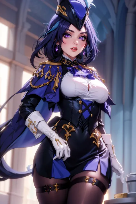 1girl, solo, clorinde (genshin impact), deep blue hair, purple eyes, blue headwear, white gloves, black pantyhose, earrings, hat feather, garter strap, corset, epaulettes, large breasts, long hair <lora:Char_gi-Clorinde:0.8>