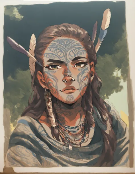 a painting of a woman with tattoos and feathers on her face