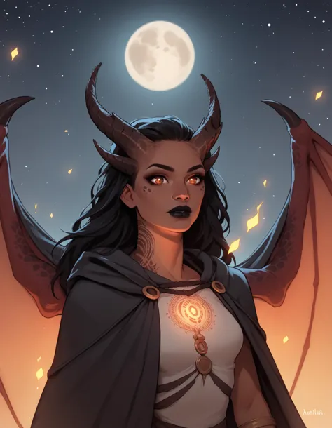 a woman with horns and a cape stands in front of a full moon