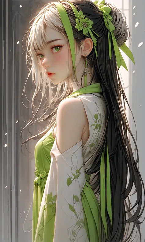 anime girl with long hair and green dress in front of window