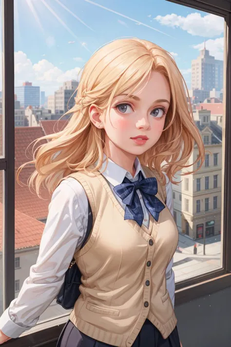 anime girl with blonde hair and blue eyes standing in front of a window