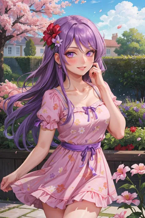 1girl, mature female, milf, garden, narrowed eyes, looking at viewer, hand on cheek, hair flower, blush, smile, parted lips, purple hair, jewelry, eyeshadow, purple nails, sundress, cowboy shot, long hair