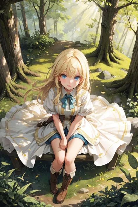 a girl sitting on a bench in the woods with her legs crossed