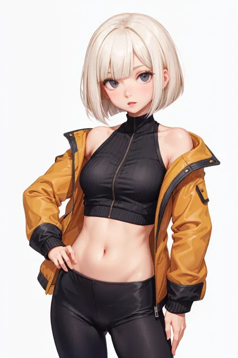 1lady,solo,leggings,cropped top,jacket,platinum blonde,bob cut,cowboy shot,black eyes,