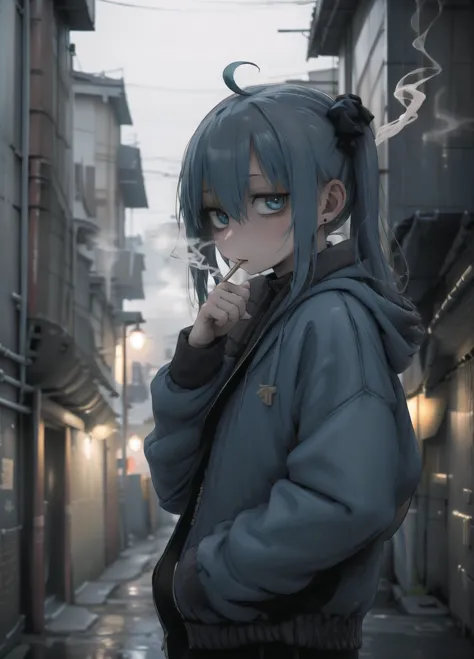 anime girl with blue hair and a hoodie smoking a cigarette