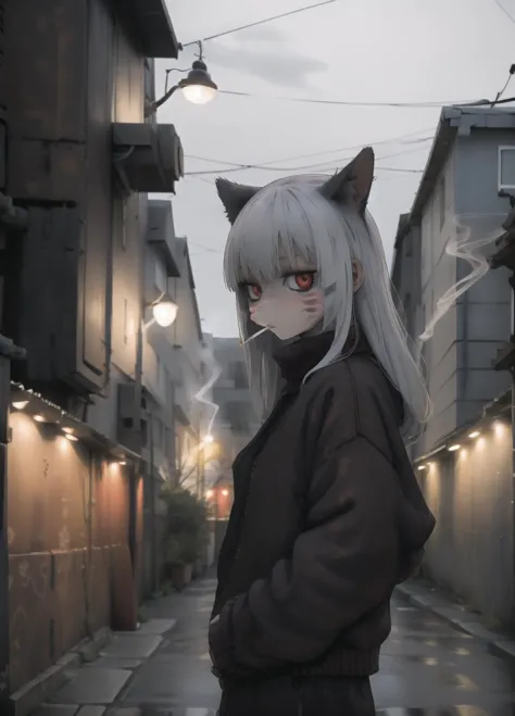 anime girl with white hair and cat ears standing in alley