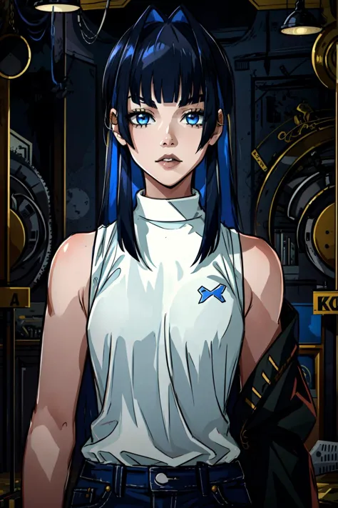 best quality, intricate details,
1girl,   <lora:ouroKoniiHololive_v10:0.8>ouro kronii, blue_hair, hair intakes, colored inner hair, long_hair, two-tone_hair, blunt bangs, sidelocks, hime cut, halo, white shirt, sleeveless turtleneck, 
 <lora:gothGirlLora_v10:0.8> goth,  <lora:gothGirls_gothV1:0.8>