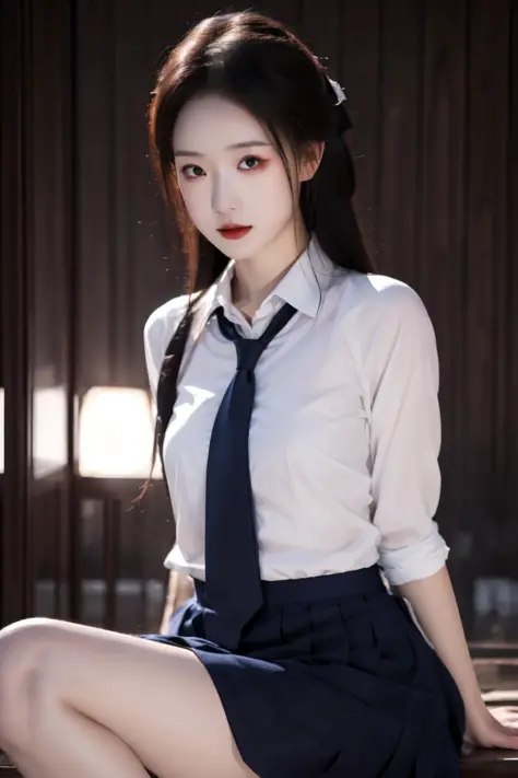 masterpiece, best quality, realistic, 8k, official art, cinematic light, ultra high res, perfect female body, sharp focus, 1girl, sexy, sitting, school uniform, <lora:Pure-Girl:1>