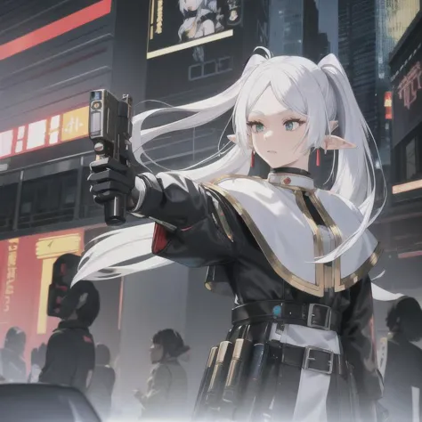 frieren, white hair, long hair, pointy ears, twintails, jewelry, elf, earrings, capelet, white capelet, robotic bodysuit, parted bangs, dress, belt, flower, 1 girl, cyberpunk city, dynamic pose, cyberpunk, a high-tech city, full of machinery and futuristic element, futurism, technology, person in focus, highres, masterpiece, best quality, high quality, female cyborg, robbot eyes, black metalic mechanical eyes, cyborg forehead, full body in view, cyborg arms, holding a futuristic gun, metal fists, riding a futuristic motorcycle, metalic outfit, metalic suit,  <lora:frieren-10:0.9>