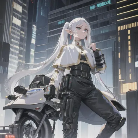 frieren, white hair, long hair, pointy ears, twintails, jewelry, elf, earrings, capelet, white capelet, robotic bodysuit, parted bangs, dress, belt, flower, 1 girl, cyberpunk city, dynamic pose, cyberpunk, a high-tech city, full of machinery and futuristic element, futurism, technology, person in focus, highres, masterpiece, best quality, high quality, female cyborg, robbot eyes, black metalic mechanical eyes, cyborg forehead, full body in view, cyborg arms, holding a futuristic gun, metal fists, riding a futuristic motorcycle, metalic outfit, metalic suit,  <lora:frieren-10:0.9>