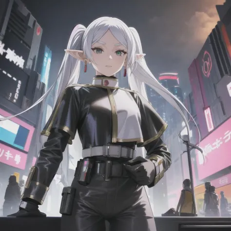 frieren, white hair, long hair, pointy ears, twintails, jewelry, elf, earrings, capelet, white capelet, robotic bodysuit, parted bangs, dress, belt, flower, 1 girl, cyberpunk city, dynamic pose, cyberpunk, a high-tech city, full of machinery and futuristic element, futurism, technology, person in focus, highres, masterpiece, best quality, high quality, female cyborg, robbot eyes, black metalic mechanical eyes, cyborg forehead, full body in view, cyborg arms, holding a futuristic gun, metal fists, riding a futuristic motorcycle, metalic outfit, metalic suit,  <lora:frieren-10:0.9>