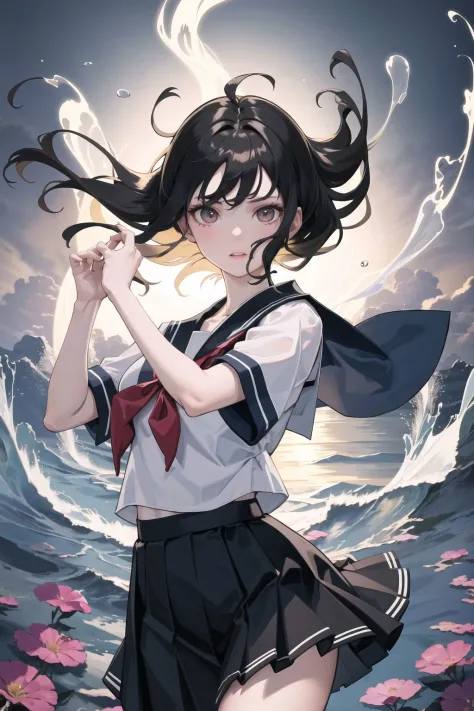 a 4k level illustration in the style of mishan dance, featuring a girl with black hair and white skin wearing a japanese school ...