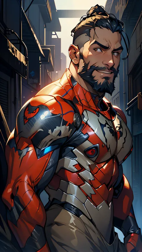 Masterpiece, high quality, ultra detail, RAW, Spiderman-Venom mecha suit, spider logo on the breast of mecha armor, half body, 1 boy, beard, open smiling, big muscle, undercut hairstyle, black hair, brown eyes, pale skin, dramatic lighting, high dynamic range, apocalypse city  background,  trees, armorsuit,  