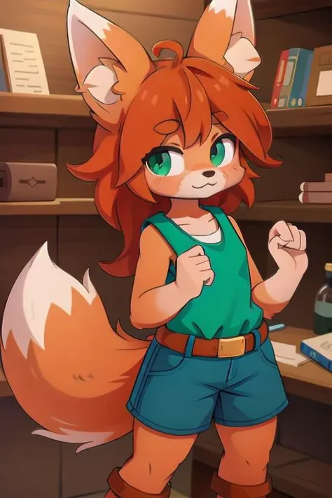 1girl, zoologist, tail, green sleeveless shirt, blue shorts, belt, sturdy boots, red fuzz, orange hair, fox ears, fox fluffy tai...