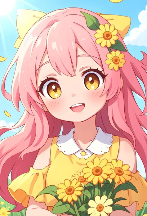 1girl,masterpiece, best quality, cute, happy, vibrant, colorful,  yellow dress holding a flower, aestheticism, anime girl,  cute...