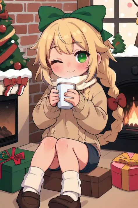 best_quality, masterpiece, 1girl, solo, window, christmas_tree, gift, cup, christmas, socks, long_hair, one_eye_closed, green_ey...