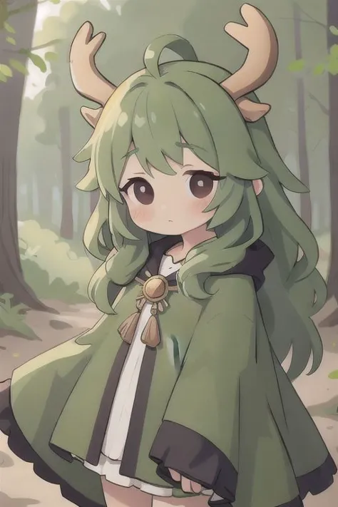 1girl, solo, wavy hair, adorable eyes, antlers, looking at viewer, small cloak, green color palette, forest scenery