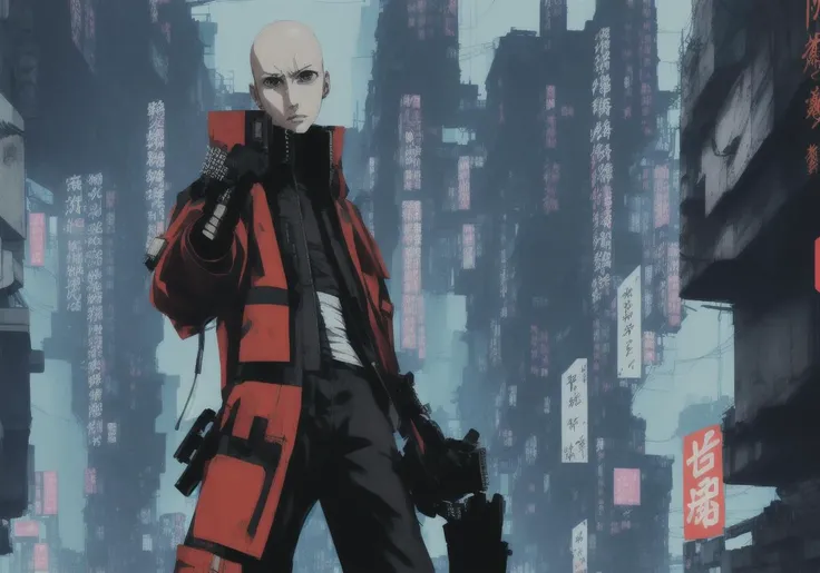 Kanji, realistic cyberpunk hacker woman KANv6, wearing a cyberpunk trenchcoat, cyberpunk architecture mega city, KANv3